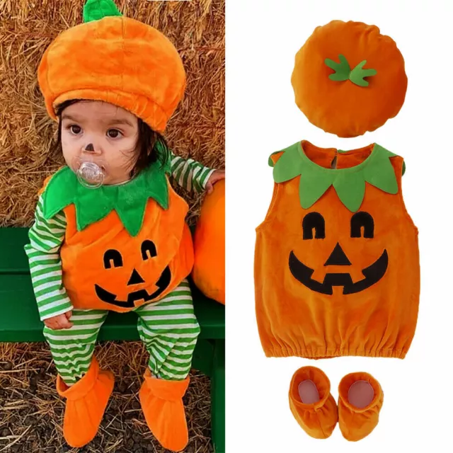 Newborn Baby Girl Boy Pumpkin Costume Romper Dress Shoes Hat Halloween Outfit
