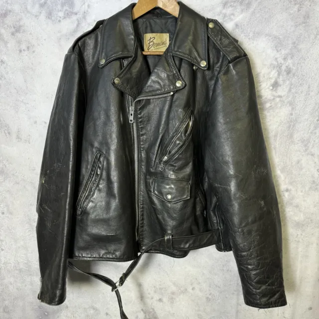 Vintage Bermans Leather Jacket Mens 48 Black Full Zip Biker Punk Motorcycle