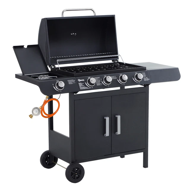 Gasgrill BBQ Grillwagen mit 5 Brennern Schrank Multifunktion Metall Schwarz