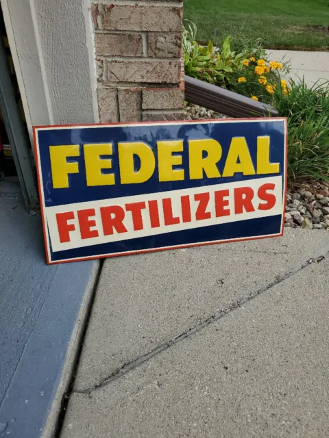 c.1950s Original Vintage Federal Fertilizers Sign Metal Embossed Farm Seed NOS!