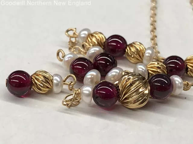 14K YELLOW GOLD Red Garnet Pearlescent Necklace 17