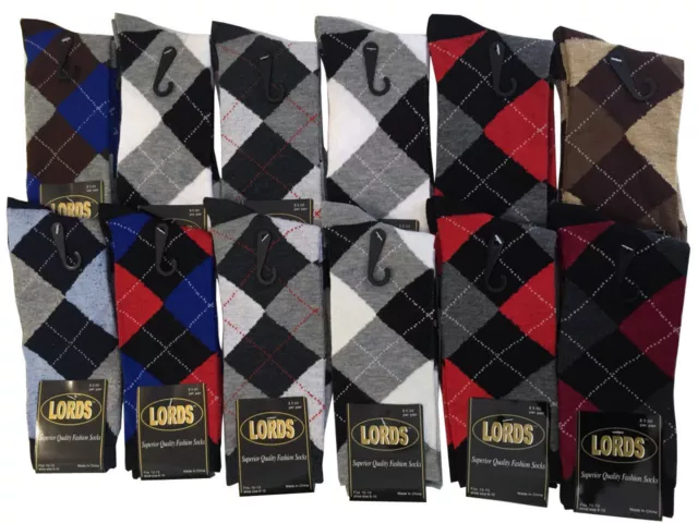 6,12 Pairs LORDS Mens Argyle Dress Socks Cotton Multi-Color Fashion Sz.10-13 NWT