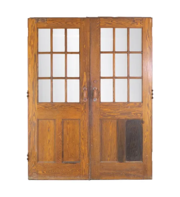 Antique 2 Panel 9 Lite Oak Swinging Double Doors 83.75 x 64