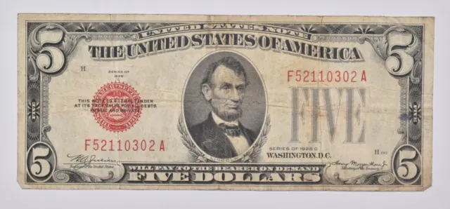 1928-C $5 Legal Tender Red Seal United States Note Avg Circ *0223