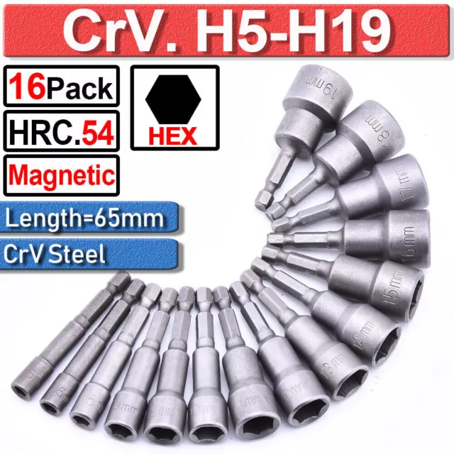 65mm H5-H19 1/4" Nut Driver Bit Set Hex Magnetic Metric Socket Impact Drill Bits