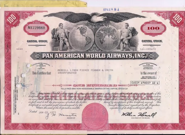 Stock certificate Pan American World Airways, Inc.  Payee Merrill Lynch 1960's