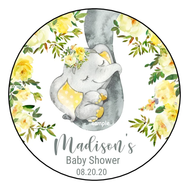 12 Gender Neutral Baby Elephant Baby Shower Stickers Favors Label Yellow & White