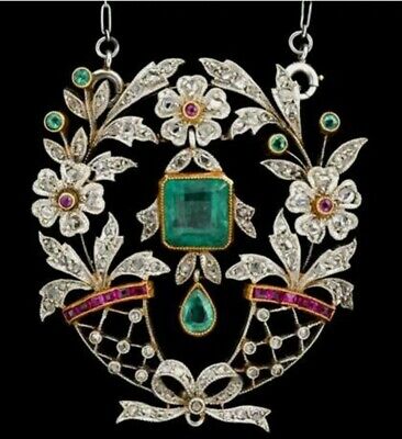 4ct Rose Coupe Diamant Émeraude Rubis Ancien Style Victorien 925 Argent Pendant