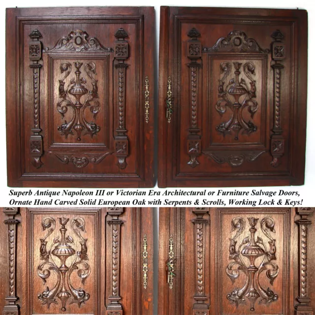 LG 26.5" Antique Victorian Carved Solid Oak Cabinet or Furniture Door PAIR 2