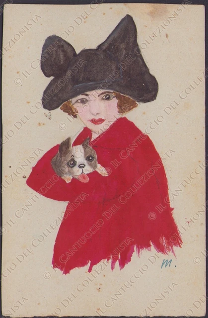 Disegno donnina con cane Cartolina colorata a mano