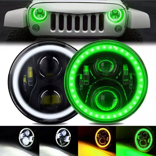 Pair 7'' Round LED Headlights Green DRL Amber Turn Light For Jeep Wrangler JK TJ