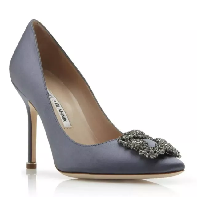 MANOLO BLAHNIK Hangisi Dark Grey 105 Satin Jewel Buckle Pumps 40.5 10.5 Shoes