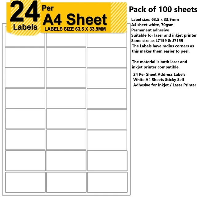 24-INKJET & LASER printable labels on A4 Self adhesive Sticky Sheets