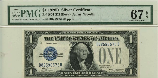 1928D $1 Silver Certificate Blue Seal Fr# 1604 PMG Superb 67 EPQ