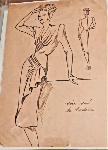 11 figurini di moda francese anni40 su carta oliata dipinti a china