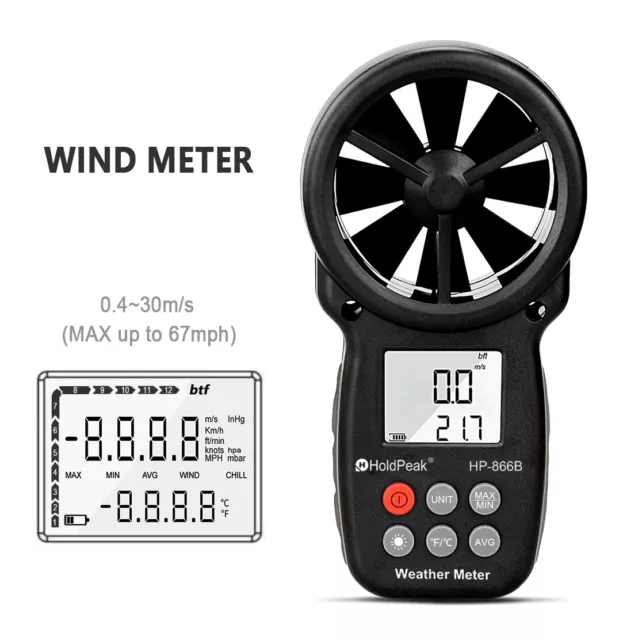 Digital Anemometer Air Wind Speed Meter 30m/s Velocity Gauge Tester Wind Chill