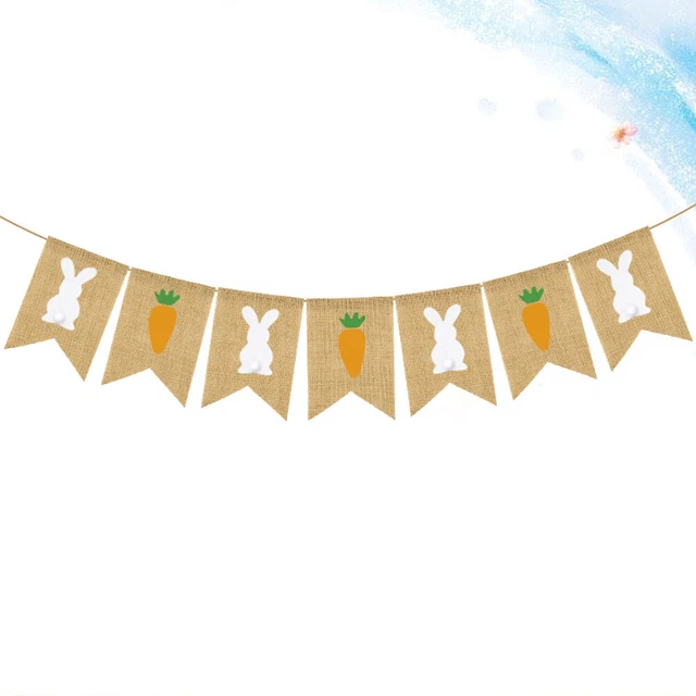 1 Set Osterfeier Banner Kaninchen Druck Sackleinen Girlande Karotte und Bunny