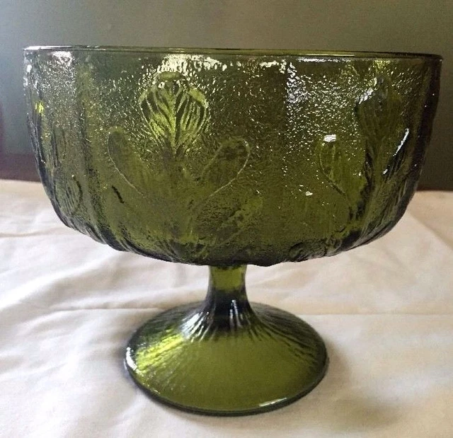 VINTAGE FTD GREEN Glass Goblet Pedestal Vase Compote Tall Oak Leaves