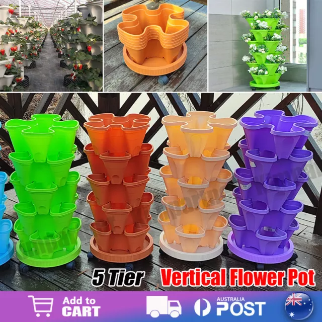 5 Tier Flower Pots Vertical Garden Strawberry Herbs Stackable Planters Wheels