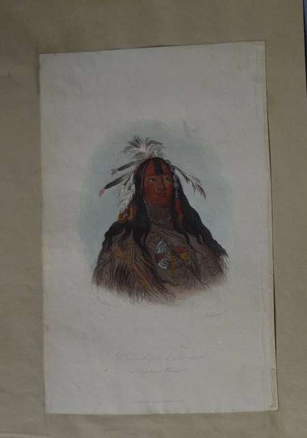 Antique  coloured Lithograph print Native American  Flat head warrior  1842