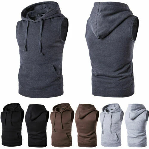 Men's Sleeveless Hoodie Vest Tank Top Gym Sport Muscle Pockets Hooded Sweatshirt