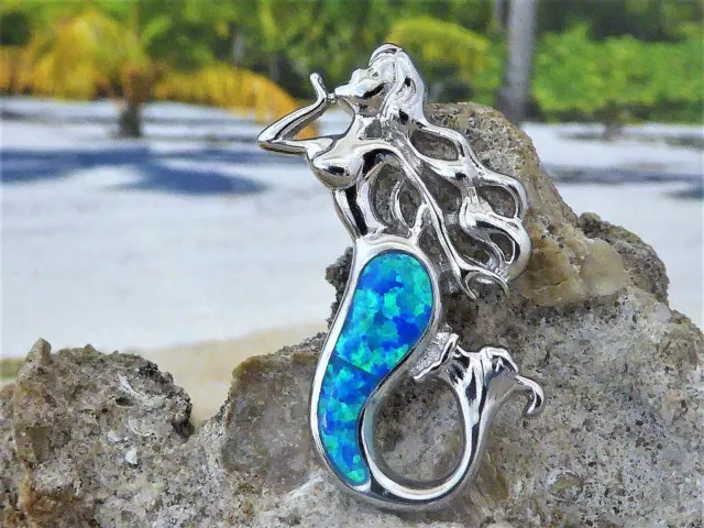 Blue Opal Mermaid Slide Sterling Silver Pendant With Long Flowing Hair