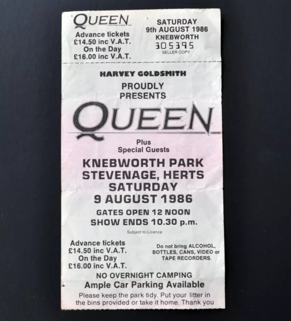 QUEEN Original Knebworth Park 1986 Ticket Stub FINAL QUEEN GIG Freddie Mercury