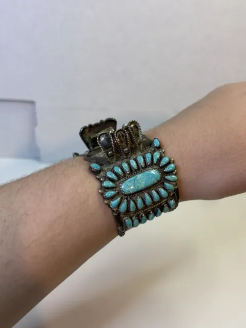 Vintage Signed A Navajo Sterling Silver & Turquoise Cluster Watch Cuff 7 1/8th