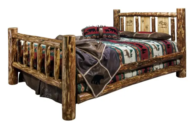KING Log Bed Woodburning Laser Engraved Design Amish Made Rustic Lodge Beds