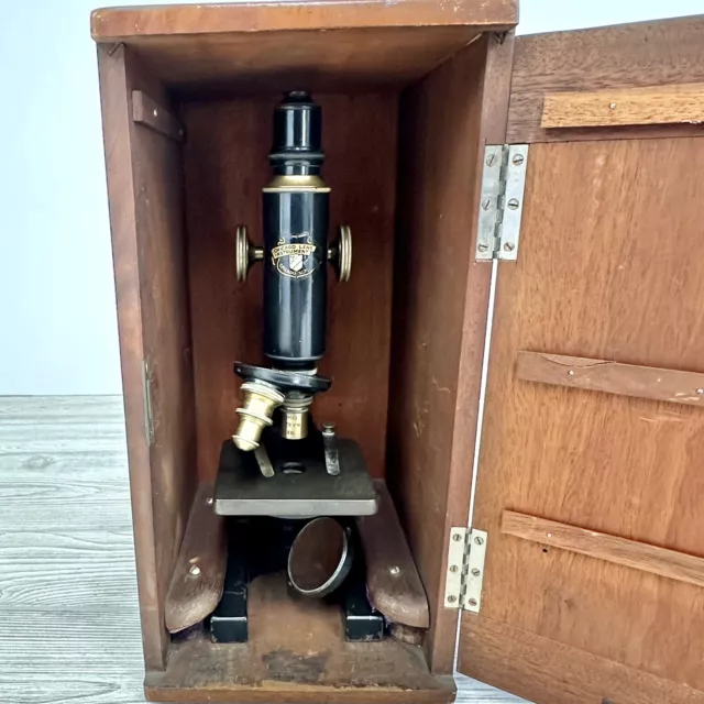 Antique Spencer Buffalo Chicago Lens Jug Handle Microscope w/Wood Case/cb