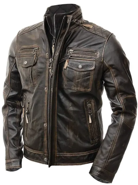 Men’s Motorcycle Biker Vintage Distressed Brown Cafe Racer Real Leather Jacket