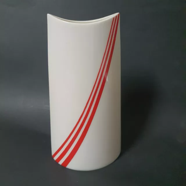 Webb Japanese Oval Porcelain White Vase Red Striped. Vintage 1960's.