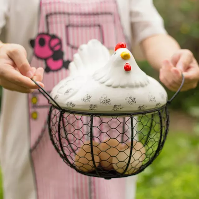 Kitchen Storage Metal Wire Egg Basket w/ Ceramic Farm Chicken Cover Egg Storage