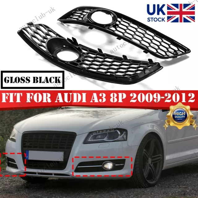 Black Front Bumper Honeycomb Grille Fog Light Bezel Cover For Audi A3 8P 08-12
