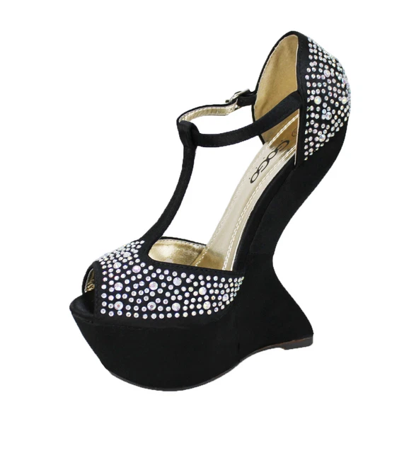 Chaussures Femmes Sandales Diamond Noir en Daim Cuir Écologique Plateau Strass
