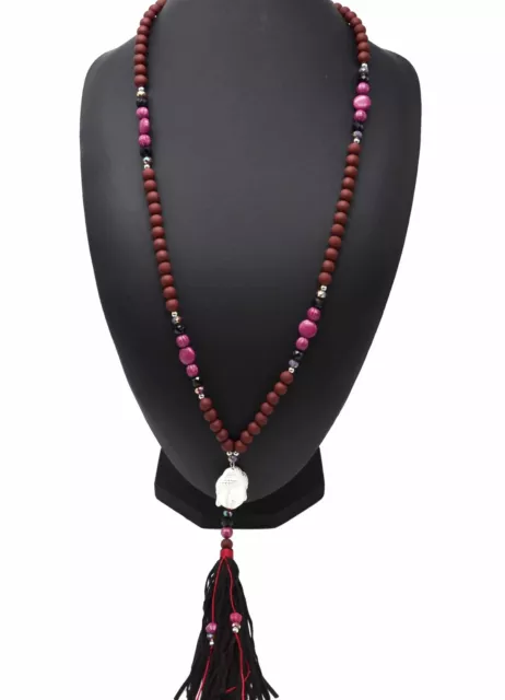 CL1701F - Sautoir Collier Perles et Pierres Framboise avec Bouddha Métal Arge... 3