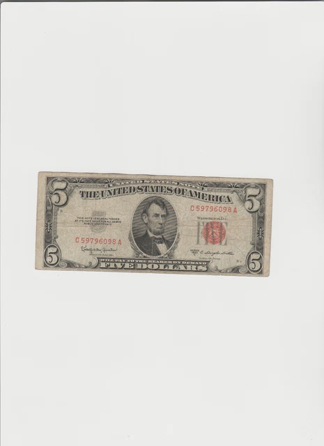 1953-C Five Dollar RED Seal Note United States Note Old US Bill $5 Average Circ