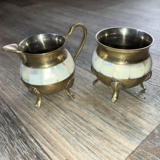 VintageSet Mother Of Pearl Brass Creamer And Sugar Small  2” Tall Collectible