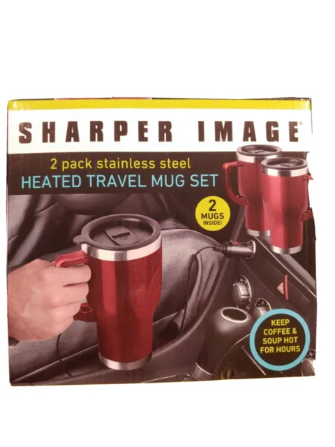 2-Pack Stainless Steel Heated Travel Mug Set by Sharper Image, New In Box, Red