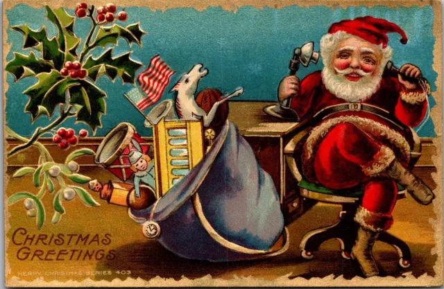 Antique Christmas Postcard Santa Red Coat Candlestick Phone American Flag Horse
