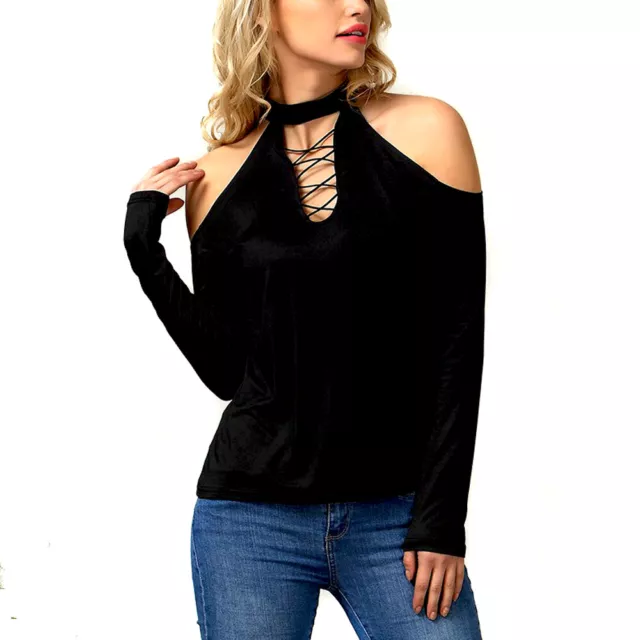 Sexy Women Hollow Long Sleeve Top Blouse Ladies Slim Fit Cold Shoulder T-Shir