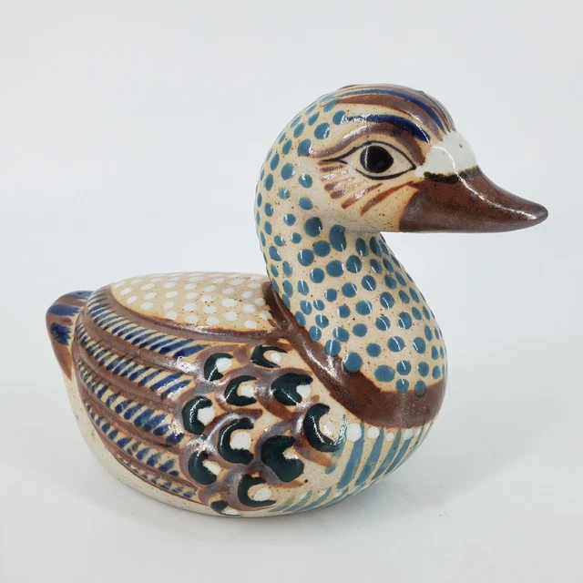 Vintage Tonala Mexico Art Pottery Duck 5 3/4" long 4 1/4" tall blue brown white