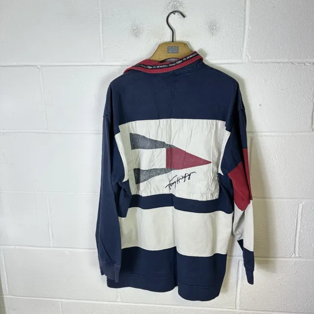 Camicia vintage Tommy Hilfiger da uomo grande blu attrezzatura a vela rugby anni '90 blocco colore