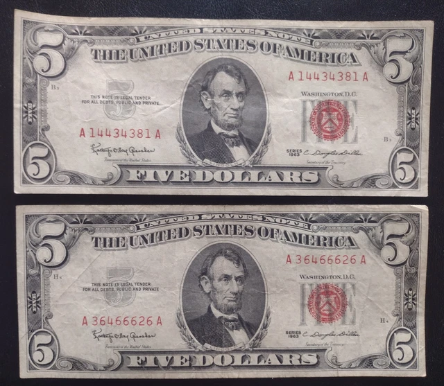 1963 Five Dollar Bill Pair $5 United States Notes Red Seal Lot