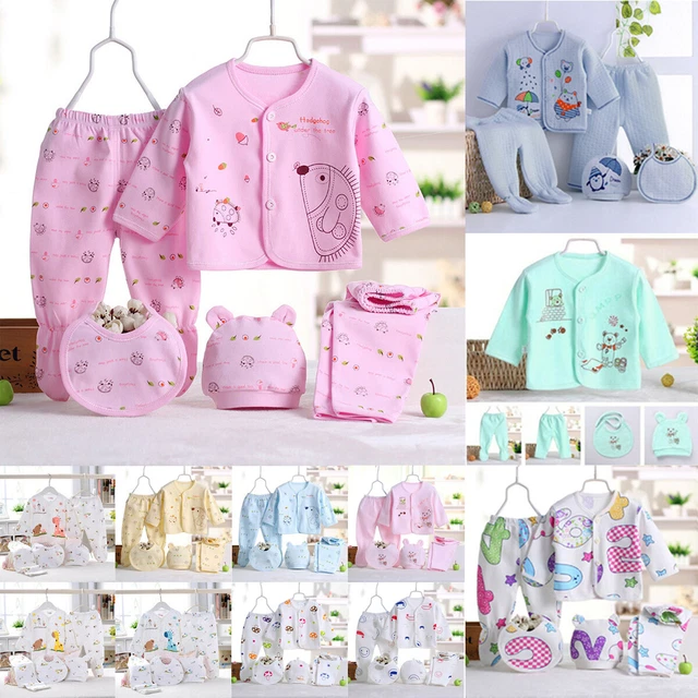 5PCS Newborn Baby Boys Girls Print Long Sleeves Tops+Hat+Pants+Bib Outfits Set