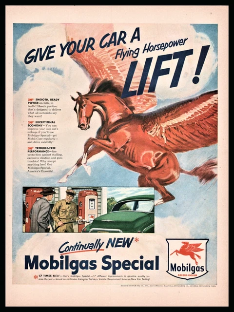 1950 MOBIL Flying Red Horse Pegasus Mobilgas Vintage Gasoline Garage Wall Art AD