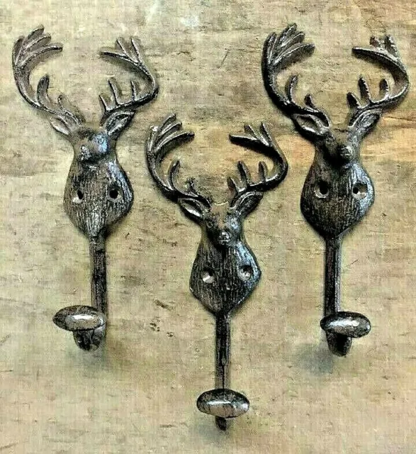 SET of 3 DEER HOOKS rustic bronze brown cast iron heavy duty hooks for lodge elk 5