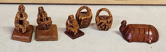 Lot of 6 Hand Carved From Peach Pit Figurines - pigs, baskets & turtle