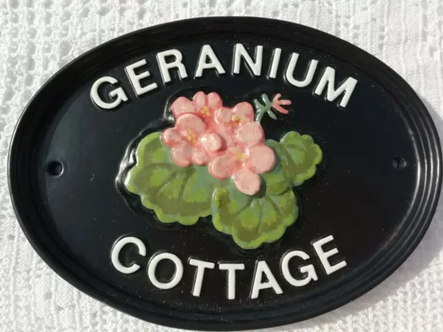 Oval English Cast Metal Wall House Sign Plaque Hand Painted Geranium Cottage