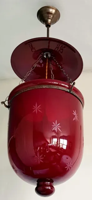 Very Large Antique Cranberry Glass Melon Bell Jar Hundi Lantern Lamp Light C1890